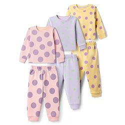 Bonfino 100% Cotton Knit Full Sleeves Co-Ords T-Shirt & Pyjama Night Suit with Polka Dots Print Set of 3 - Pink Lavender & Yellow