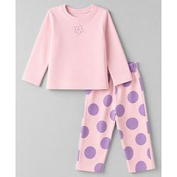 Bonfino 100% Cotton Knit Full Sleeves T-Shirt & Pyjama Night Suit with Flower & Polka Dots Print - Light Pink