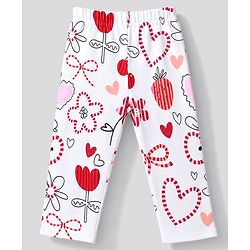Bonfino 100% Cotton Knit Full Sleeves T-Shirt & Pyjama Night Suit with Heart Floral & Cherry Print - White