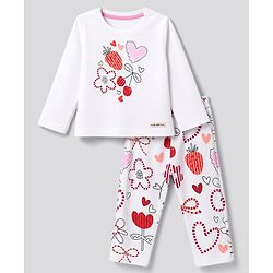 Bonfino 100% Cotton Knit Full Sleeves T-Shirt & Pyjama Night Suit with Heart Floral & Cherry Print - White