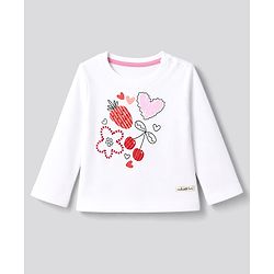 Bonfino 100% Cotton Knit Full Sleeves T-Shirt & Pyjama Night Suit with Heart Floral & Cherry Print - White