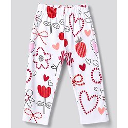 Bonfino 100% Cotton Knit Full Sleeves T-Shirt & Pyjama Night Suit with Heart Floral & Cherry Print - White