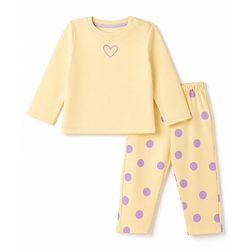 Bonfino Cotton knit Full Sleeves T-Shirt & Pyjama Night Suit with Heart & Polka Dots Prints - Yellow