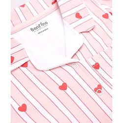 Bonfino 100% Cotton Knit Full Sleeves Front Open Co- Ords Pyjama Night Suit With Heart Print - Pink