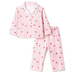 Bonfino 100% Cotton Knit Full Sleeves Front Open Co- Ords Pyjama Night Suit With Heart Print - Pink