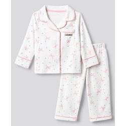 Bonfino 100% Cotton Knit Front Open Full Sleeves Co-ord Shirt & Pajama Night Suit with Pocket and Polka Dots & Bow Print - White