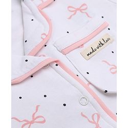 Bonfino 100% Cotton Knit Front Open Full Sleeves Co-ord Shirt & Pajama Night Suit with Pocket and Polka Dots & Bow Print - White