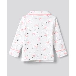 Bonfino 100% Cotton Knit Front Open Full Sleeves Co-ord Shirt & Pajama Night Suit with Pocket and Polka Dots & Bow Print - White