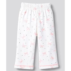 Bonfino 100% Cotton Knit Front Open Full Sleeves Co-ord Shirt & Pajama Night Suit with Pocket and Polka Dots & Bow Print - White