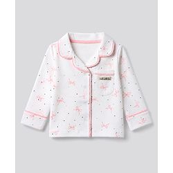 Bonfino 100% Cotton Knit Front Open Full Sleeves Co-ord Shirt & Pajama Night Suit with Pocket and Polka Dots & Bow Print - White