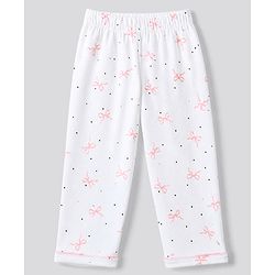 Bonfino 100% Cotton Knit Front Open Full Sleeves Co-ord Shirt & Pajama Night Suit with Pocket and Polka Dots & Bow Print - White