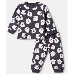 Bonfino 100% Cotton Knit Full Sleeves T-Shirt & Pyjama Co-ords Night Suit With Bear Print - Charcoal Grey