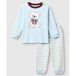 Bonfino 100% Cotton Knit Full Sleeves T-Shirt & Joggers Set With Bear Print - Light Blue