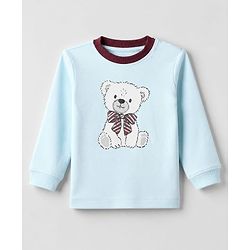 Bonfino 100% Cotton Knit Full Sleeves T-Shirt & Joggers Set With Bear Print - Light Blue