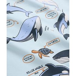 Bonfino 100% Cotton Knit Full Sleeves Whale Printed T-Shirt & Yarn Dyed Pyjama Night Suit Set - Light Blue
