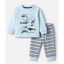 Bonfino 100% Cotton Knit Full Sleeves Whale Printed T-Shirt & Yarn Dyed Pyjama Night Suit Set - Light Blue