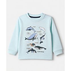 Bonfino 100% Cotton Knit Full Sleeves Whale Printed T-Shirt & Yarn Dyed Pyjama Night Suit Set - Light Blue