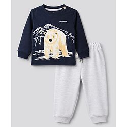 Bonfino 100% Cotton Chest Printed Full Sleeves T-shirt and Solids Pyjama Night Suit Set With Polar Bear Print - Navy Blue