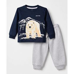 Bonfino 100% Cotton Chest Printed Full Sleeves T-shirt and Solids Pyjama Night Suit Set With Polar Bear Print - Navy Blue