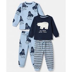Bonfino 100% Cotton Yarn Dyed Knit Full Sleeves Co-ord Striped T-Shirt & Pajama Night Suit with Walrus & Polar Bear Print Pack of 2 - Navy Blue & Light Blue