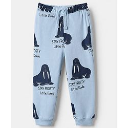 Bonfino 100% Cotton Yarn Dyed Knit Full Sleeves Co-ord Striped T-Shirt & Pajama Night Suit with Walrus & Polar Bear Print Pack of 2 - Navy Blue & Light Blue