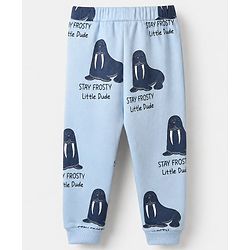 Bonfino 100% Cotton Yarn Dyed Knit Full Sleeves Co-ord Striped T-Shirt & Pajama Night Suit with Walrus & Polar Bear Print Pack of 2 - Navy Blue & Light Blue