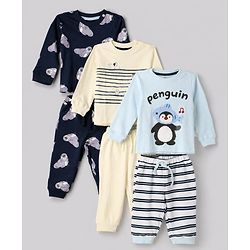 Bonfino 100% Cotton Yarn Dyed Knit Full Sleeves Co-ord Striped T-Shirt & Pajama Night Suit with Walrus & Penguin Print Pack of 3 - Navy Blue, Cream & Light Blue