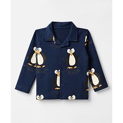 Bonfino 100% Cotton Knit Full Sleeves Co-ord Shirt & Pajama Night Suit with Penguin Print - Navy Blue