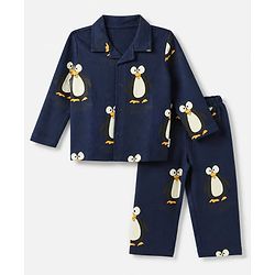 Bonfino 100% Cotton Knit Full Sleeves Co-ord Shirt & Pajama Night Suit with Penguin Print - Navy Blue