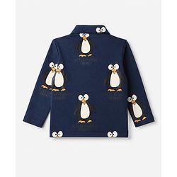 Bonfino 100% Cotton Knit Full Sleeves Co-ord Shirt & Pajama Night Suit with Penguin Print - Navy Blue