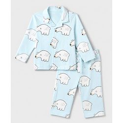 Bonfino 100% Cotton Knit Full Sleeves Shirt & Pyjama Co-Ords Night Suit With Polar Bear Print - Light Blue