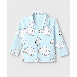 Bonfino 100% Cotton Knit Full Sleeves Shirt & Pyjama Co-Ords Night Suit With Polar Bear Print - Light Blue