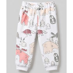 Bonfino 100% Cotton Yarn Dyed Knit Full Sleeves Co-ord Striped T-Shirt & Pajama Night Suit with Walrus Polar Bear Penguin Fox Reindeer Print Pack of 2 - White