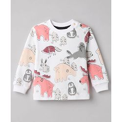 Bonfino 100% Cotton Yarn Dyed Knit Full Sleeves Co-ord Striped T-Shirt & Pajama Night Suit with Walrus Polar Bear Penguin Fox Reindeer Print Pack of 2 - White