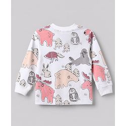 Bonfino 100% Cotton Yarn Dyed Knit Full Sleeves Co-ord Striped T-Shirt & Pajama Night Suit with Walrus Polar Bear Penguin Fox Reindeer Print Pack of 2 - White