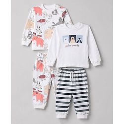 Bonfino 100% Cotton Yarn Dyed Knit Full Sleeves Co-ord Striped T-Shirt & Pajama Night Suit with Walrus Polar Bear Penguin Fox Reindeer Print Pack of 2 - White