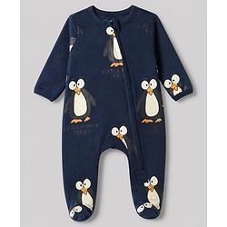 Bonfino 100% Cotton Yarn Dyed Knit Front Open Zipper Full Sleeves Striped Sleep Suits with Penguin Print Pack of 3 - White Navy Blue & Cream