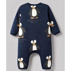 Bonfino 100% Cotton Yarn Dyed Knit Front Open Zipper Full Sleeves Striped Sleep Suits with Penguin Print Pack of 3 - White Navy Blue & Cream
