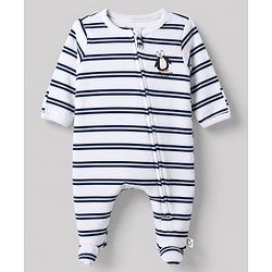Bonfino 100% Cotton Yarn Dyed Knit Front Open Zipper Full Sleeves Striped Sleep Suits with Penguin Print Pack of 3 - White Navy Blue & Cream
