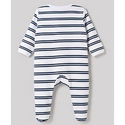 Bonfino 100% Cotton Yarn Dyed Knit Front Open Zipper Full Sleeves Striped Sleep Suits with Penguin Print Pack of 3 - White Navy Blue & Cream
