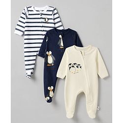 Bonfino 100% Cotton Yarn Dyed Knit Front Open Zipper Full Sleeves Striped Sleep Suits with Penguin Print Pack of 3 - White Navy Blue & Cream