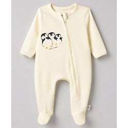 Bonfino 100% Cotton Yarn Dyed Knit Front Open Zipper Full Sleeves Striped Sleep Suits with Penguin Print Pack of 3 - White Navy Blue & Cream