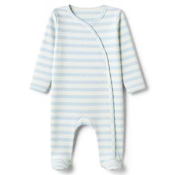 Bonfino 100% Cotton Yarn Dyed Knit Front Open Snap Button Full Sleeves Footed Striped Sleep Suit with Walrus Print Pack of 3 - Lavender, White & Light Blue