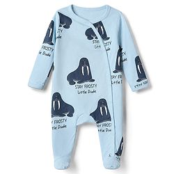 Bonfino 100% Cotton Yarn Dyed Knit Front Open Snap Button Full Sleeves Footed Striped Sleep Suit with Walrus Print Pack of 3 - Lavender, White & Light Blue