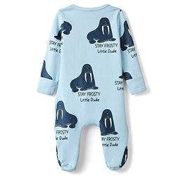 Bonfino 100% Cotton Yarn Dyed Knit Front Open Snap Button Full Sleeves Footed Striped Sleep Suit with Walrus Print Pack of 3 - Lavender, White & Light Blue
