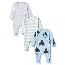 Bonfino 100% Cotton Yarn Dyed Knit Front Open Snap Button Full Sleeves Footed Striped Sleep Suit with Walrus Print Pack of 3 - Lavender, White & Light Blue