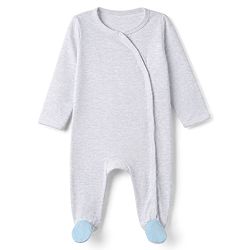 Bonfino 100% Cotton Yarn Dyed Knit Front Open Snap Button Full Sleeves Footed Striped Sleep Suit with Walrus Print Pack of 3 - Lavender, White & Light Blue