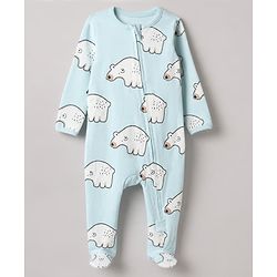 Bonfino 100% Cotton Knit Full Sleeves Front Open Zipper Sleepsuits with Walruse Penguin Polar Bear Reindeer Print Pack of 3 - White & Light Blue