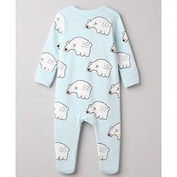 Bonfino 100% Cotton Knit Full Sleeves Front Open Zipper Sleepsuits with Walruse Penguin Polar Bear Reindeer Print Pack of 3 - White & Light Blue