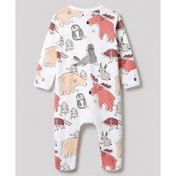 Bonfino 100% Cotton Knit Full Sleeves Front Open Zipper Sleepsuits with Walruse Penguin Polar Bear Reindeer Print Pack of 3 - White & Light Blue